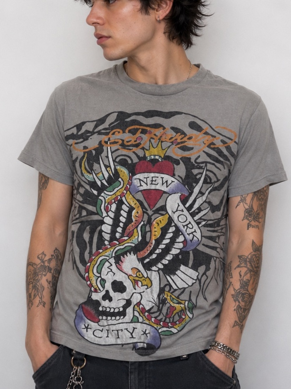 Ed Hardy Gray Graphic Tee with Multicolor Tattoo-Style Print